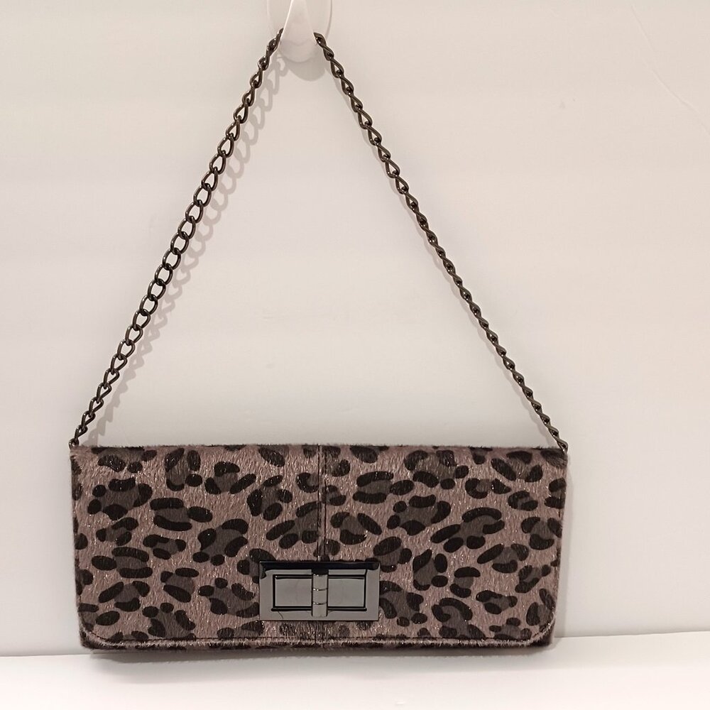Poppie Leopard Print Grey Black Clutch/Purse Calf-hair feel Chain Strap
